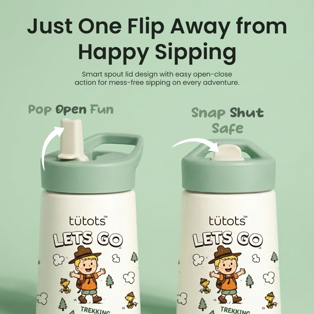 tütots Kids Sipper Water Bottle – Trekking Theme Flip Spout Lid