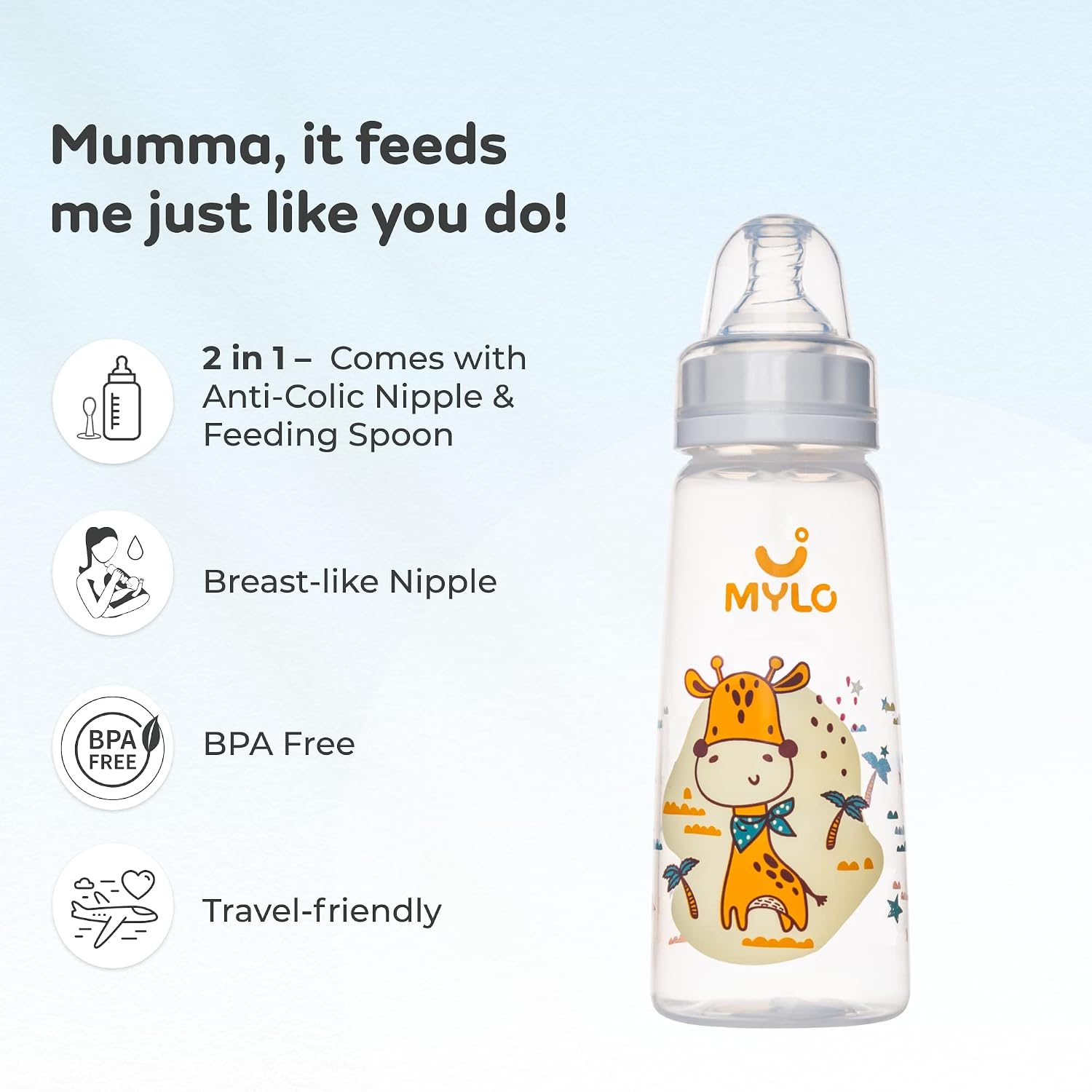 Mylo Baby 2 in 1 Feeding Bottle with Spoon 250ml