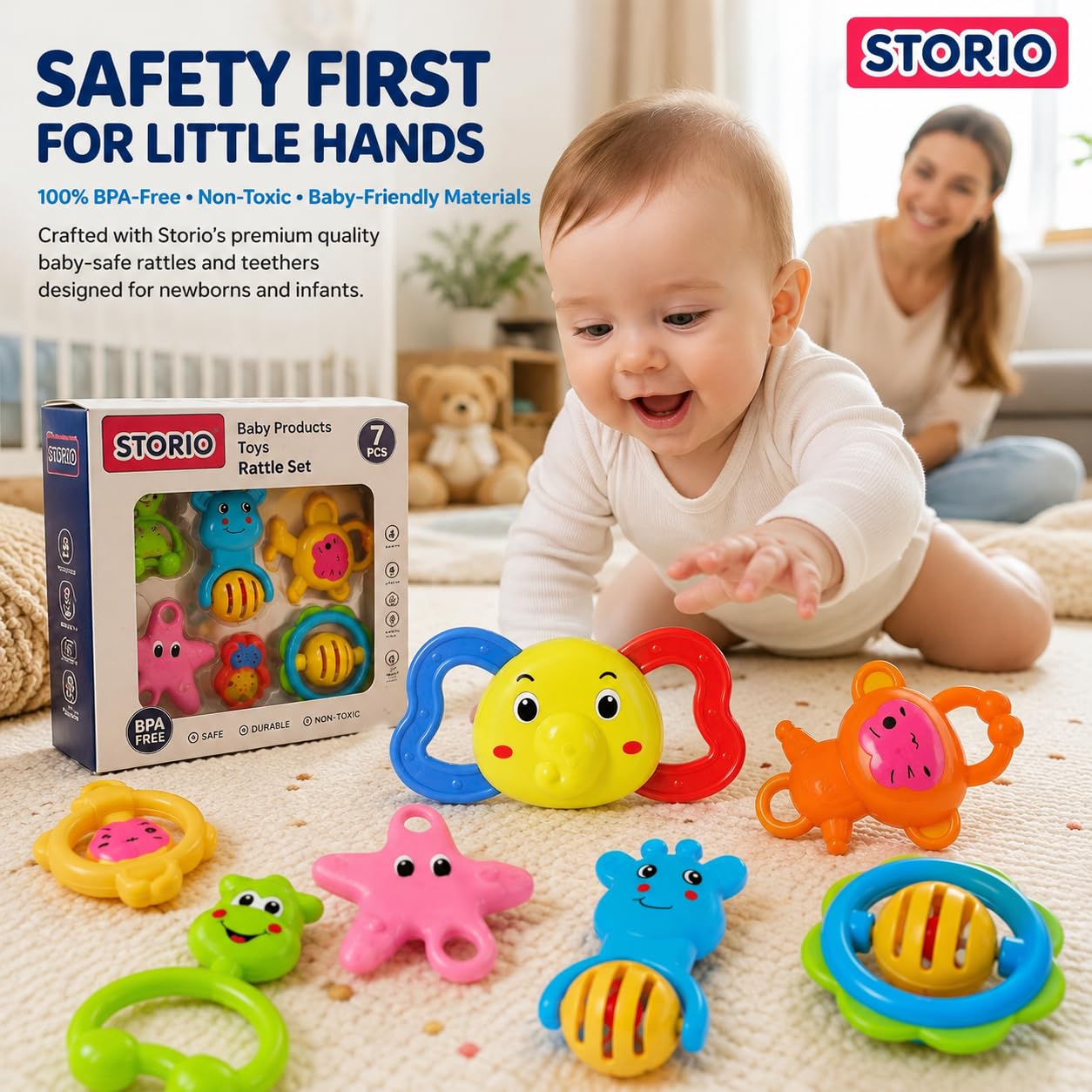 Storio Baby Toys 7 Pcs Rattle Set with Teethers for Newborn Babies