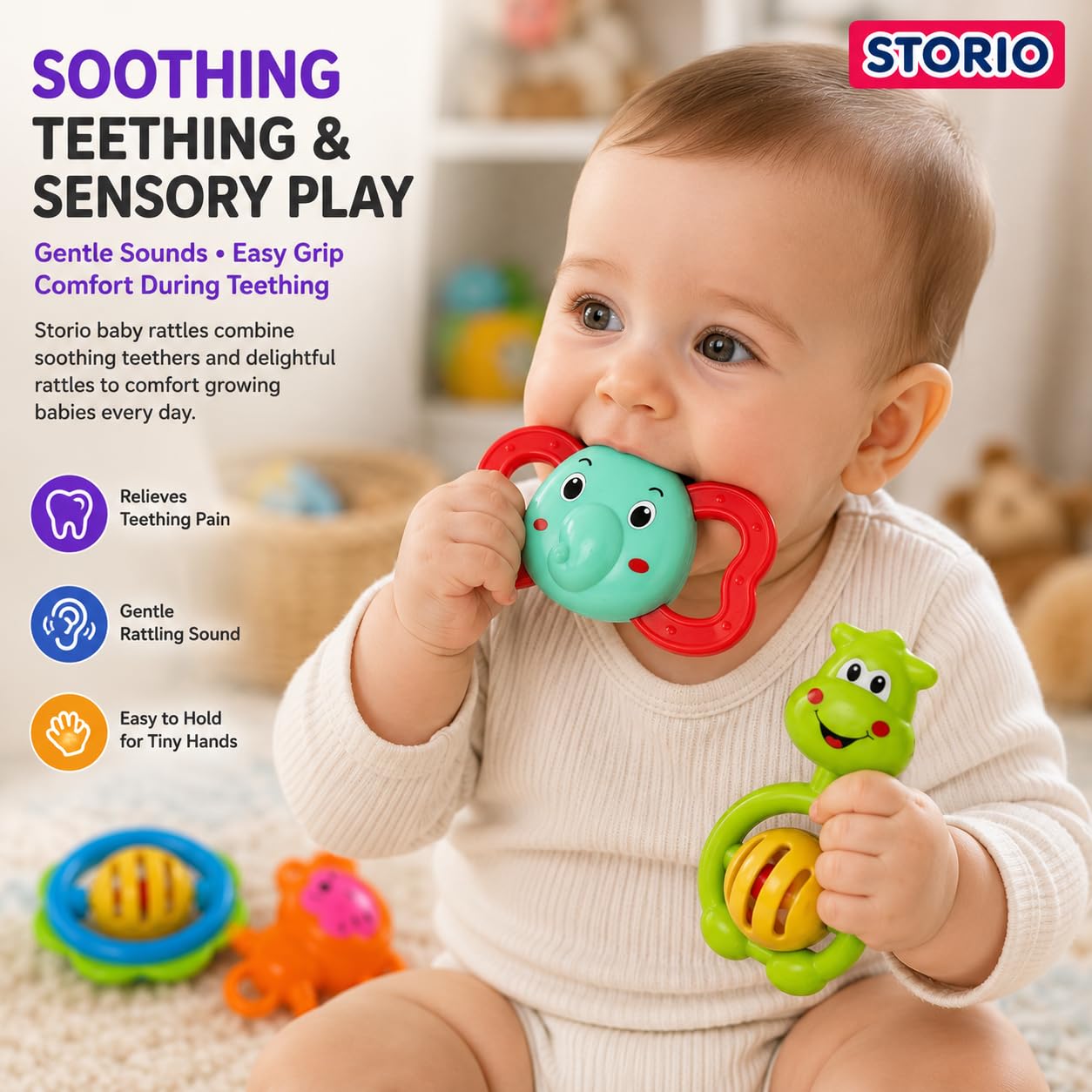 Storio Baby Toys 7 Pcs Rattle Set with Teethers for Newborn Babies