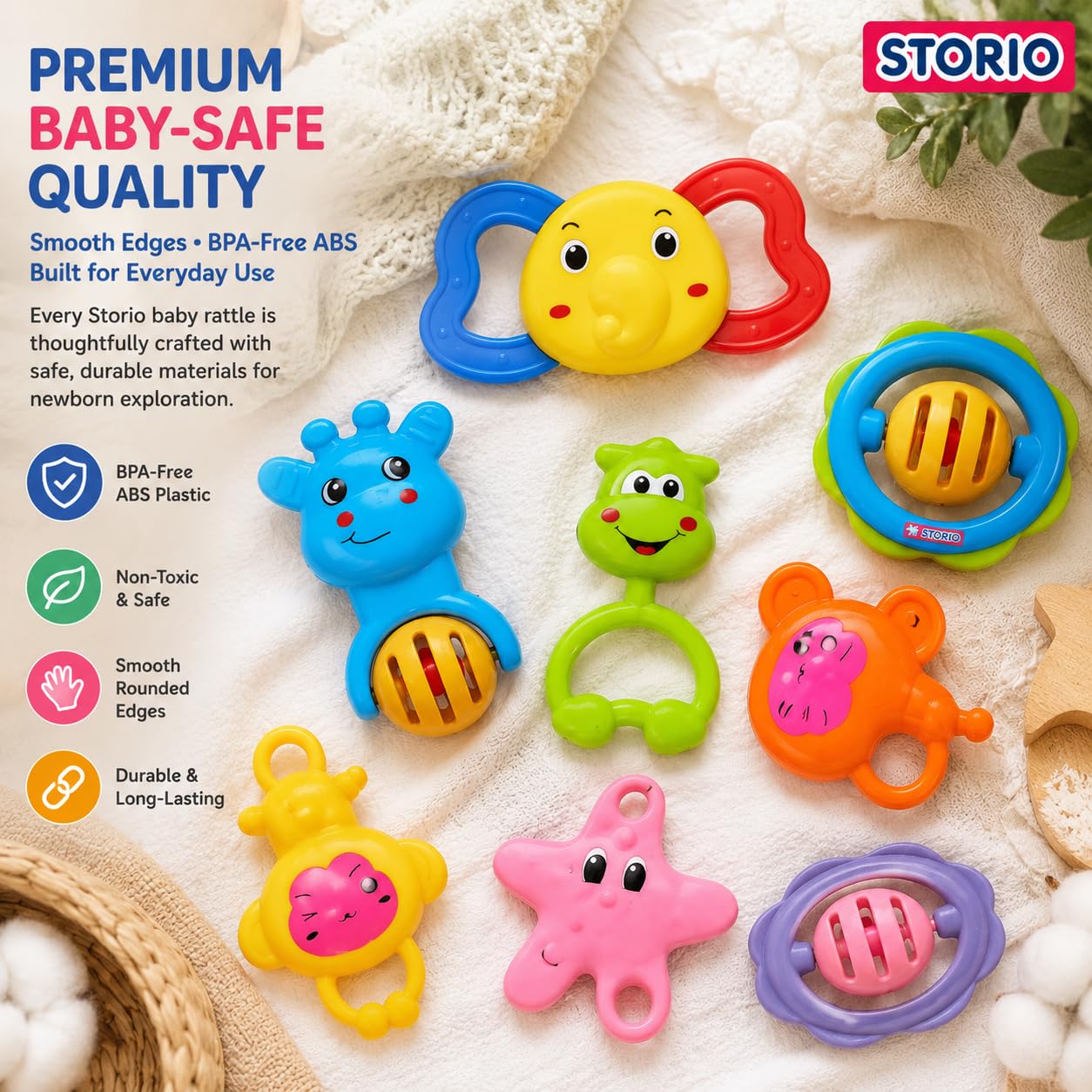 Storio Baby Toys 7 Pcs Rattle Set with Teethers for Newborn Babies