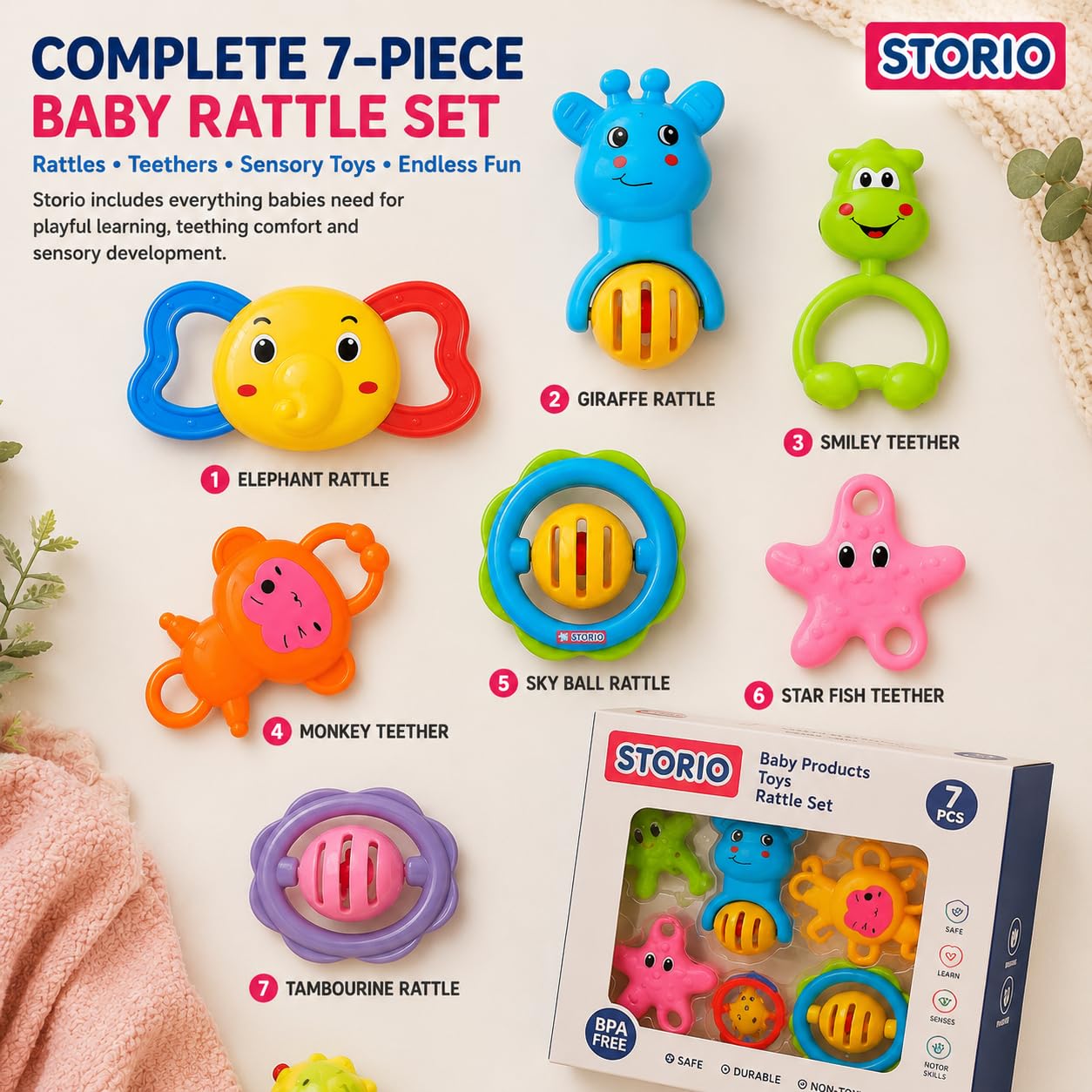 Storio Baby Toys 7 Pcs Rattle Set with Teethers for Newborn Babies
