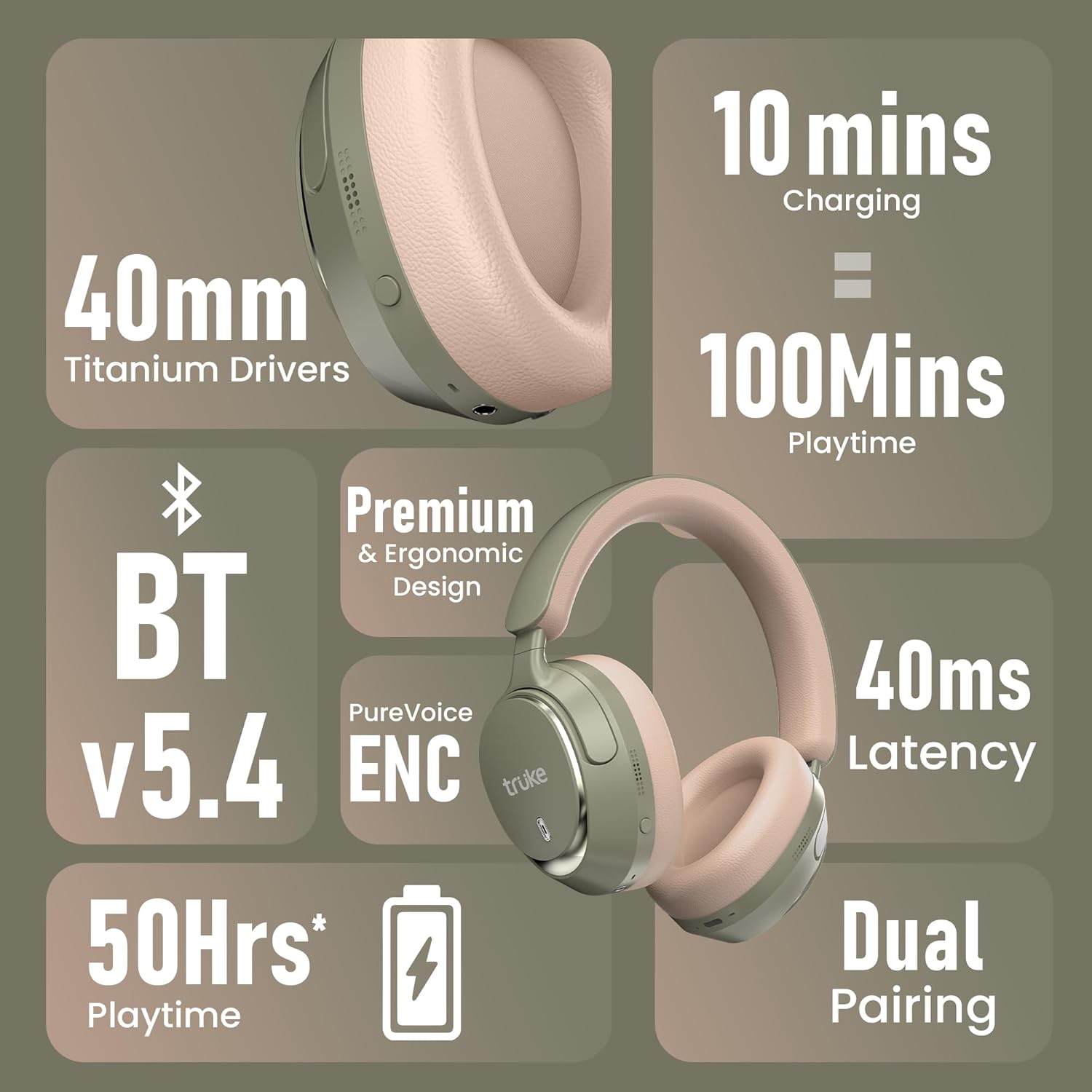 truke Aura Bass V2 Wireless Over-Ear Headphones – Forest Green