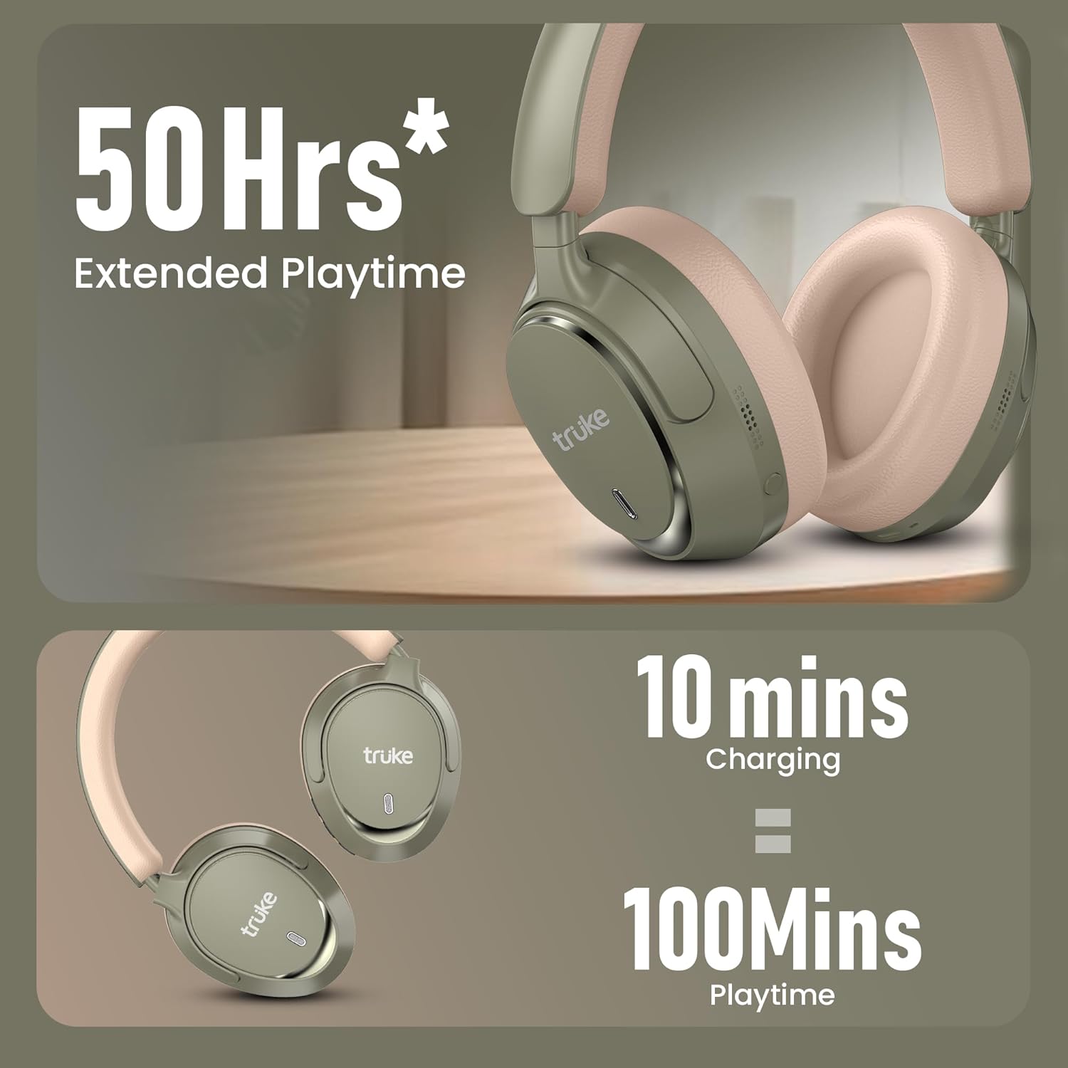 truke Aura Bass V2 Wireless Over-Ear Headphones – Forest Green