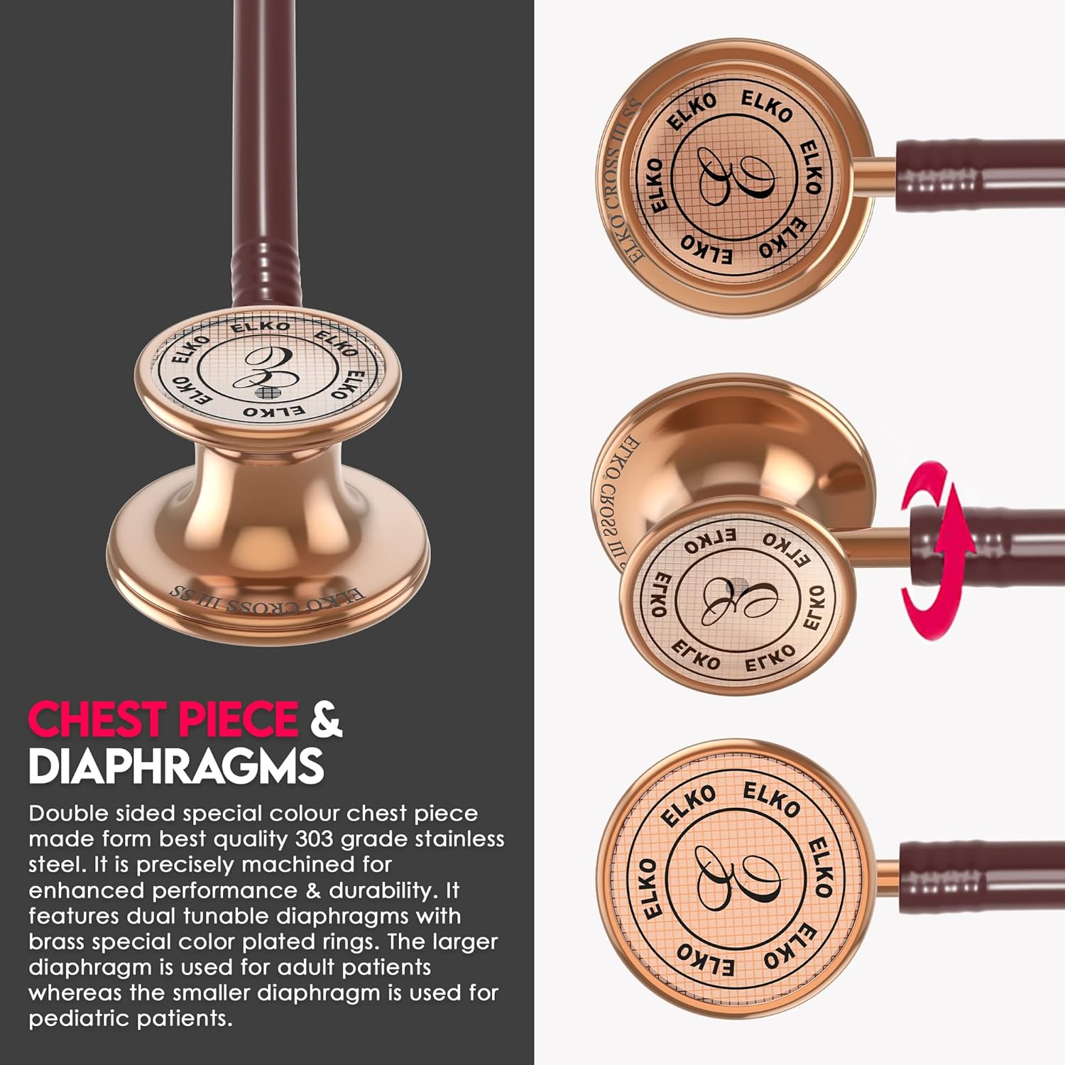 ELKO EL-190 Rose Gold Edition CROSS III SS Dual Head Acoustic Stethoscope (Brown)