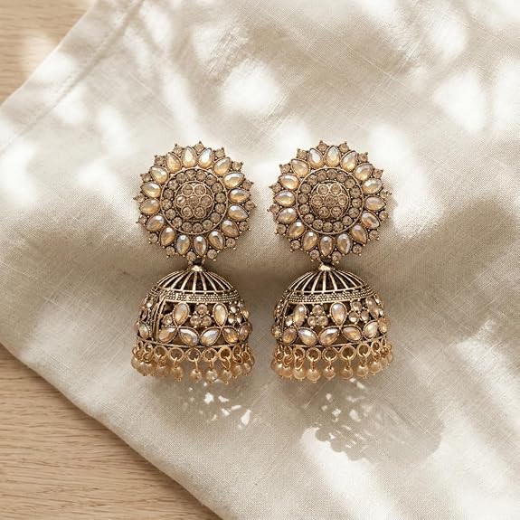 MUMMACARE Antique Gold Jhumka Earrings with Kundan Stones & Pearl Drops