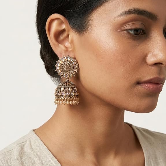MUMMACARE Antique Gold Jhumka Earrings with Kundan Stones & Pearl Drops
