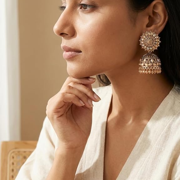 MUMMACARE Antique Gold Jhumka Earrings with Kundan Stones & Pearl Drops