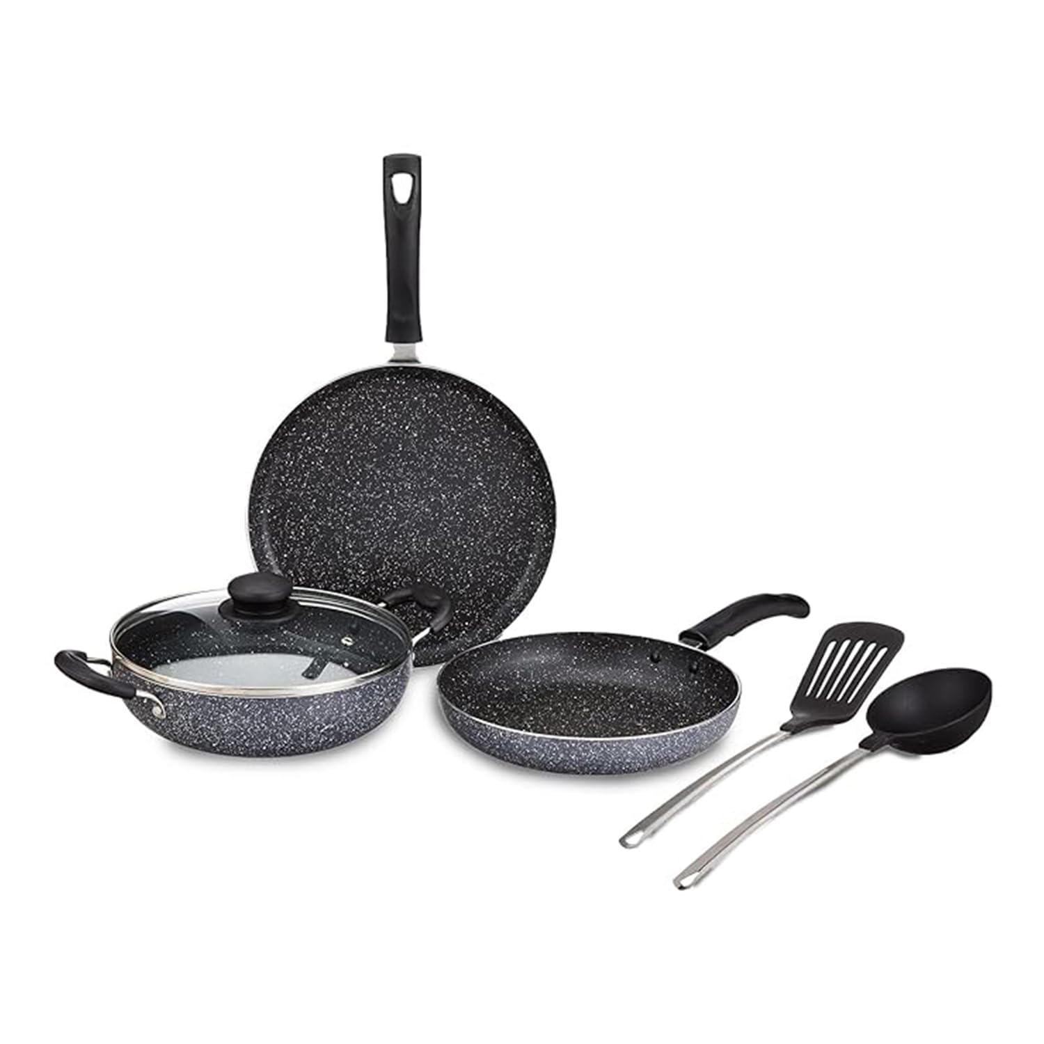 Amazon Brand - Solimo 6 Piece Non-Stick Cookware Set (Granite Finish, Grey)
