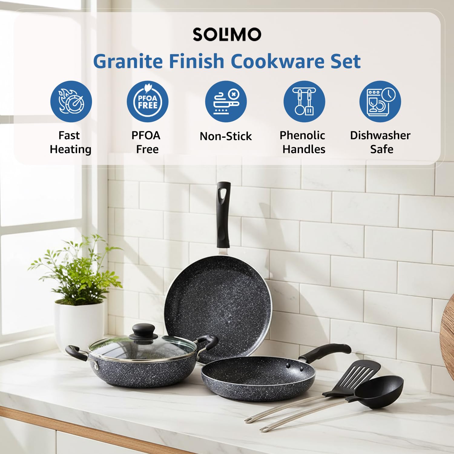 Amazon Brand - Solimo 6 Piece Non-Stick Cookware Set (Granite Finish, Grey)