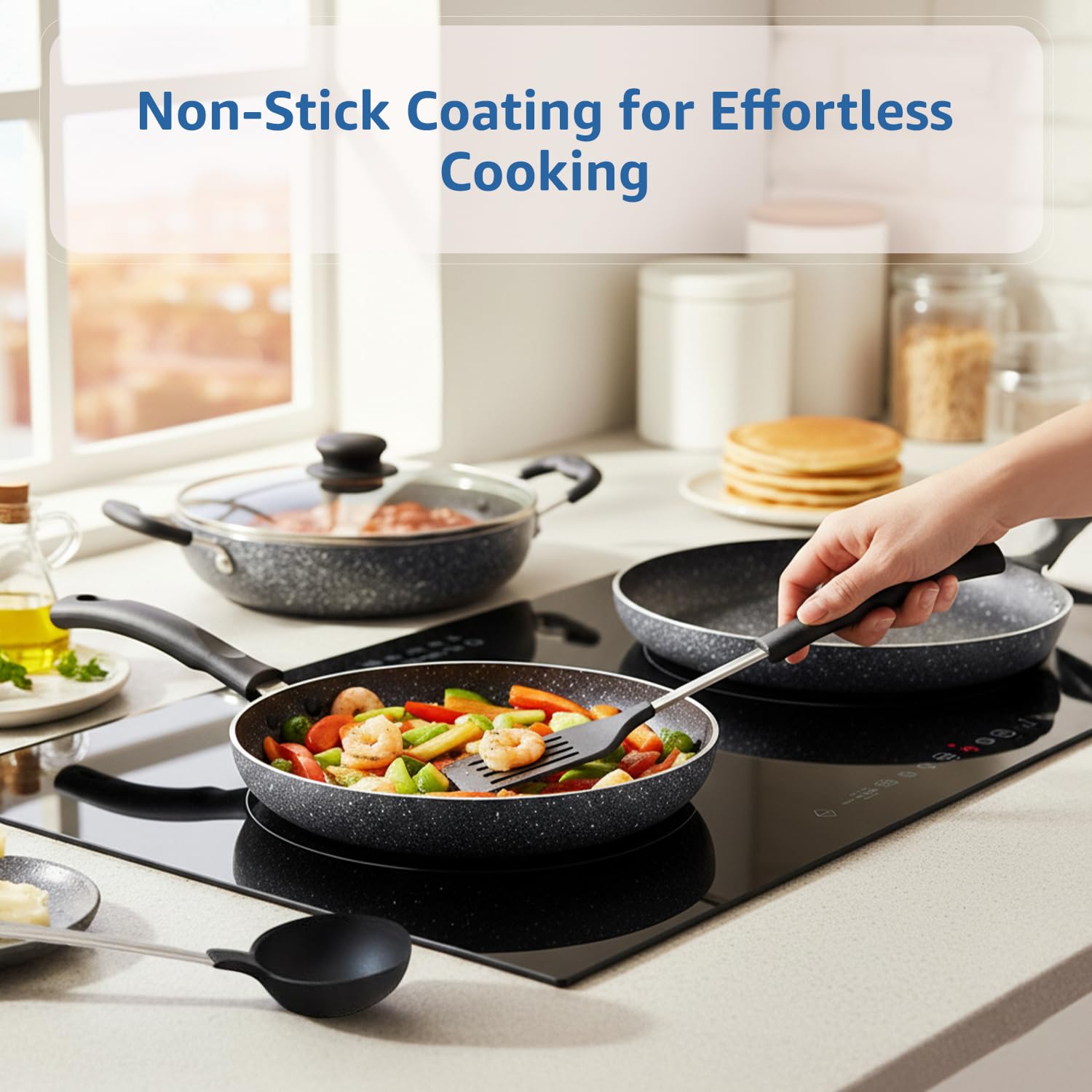 Amazon Brand - Solimo 6 Piece Non-Stick Cookware Set (Granite Finish, Grey)