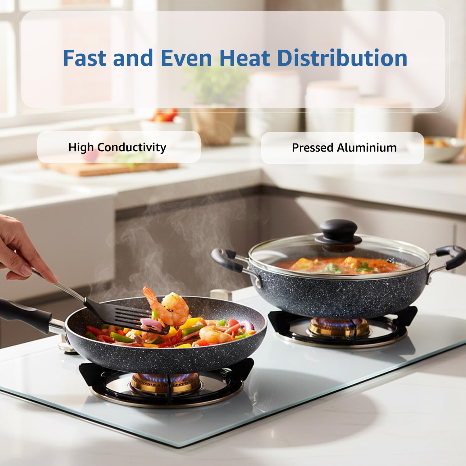 Amazon Brand - Solimo 6 Piece Non-Stick Cookware Set (Granite Finish, Grey)