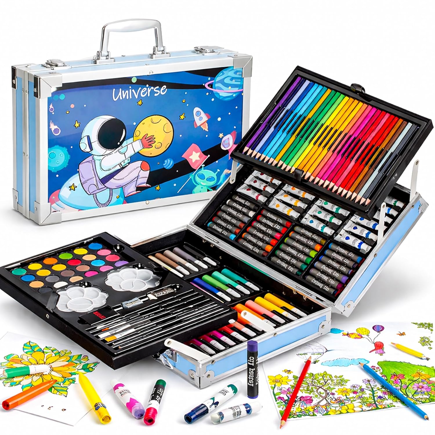 WISHKEY 145 Pieces Art Set for Kids with Space Theme Storage Case (Blue)