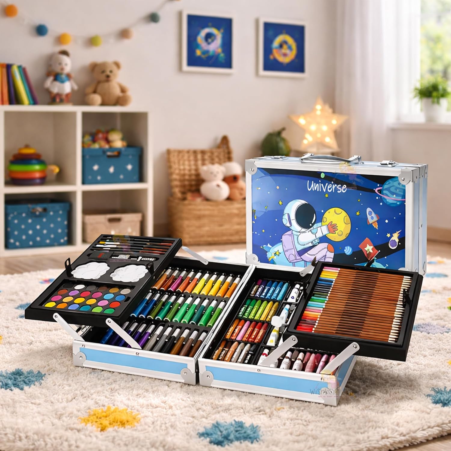 WISHKEY 145 Pieces Art Set for Kids with Space Theme Storage Case (Blue)